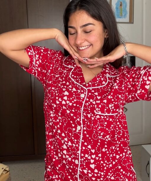 Pyjama Chemise et Short Coton Rouge Imprimé Cœurs Blancs