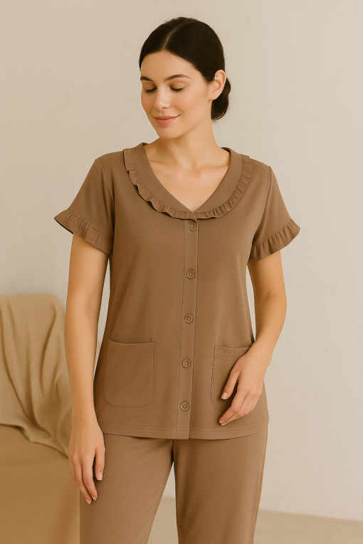Pyjama Chemise Demi Manches Coton Beige Foncé – Image 2