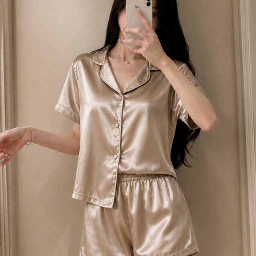 Pyjama Short Satin Demi Manches Beige Champagne