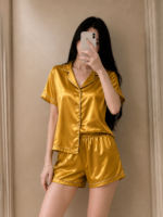 Pyjama Short Satin Demi Manches Jaune Moutarde