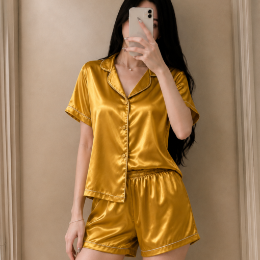 Pyjama Short Satin Demi Manches Jaune Moutarde