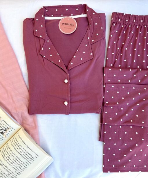 Pyjama Chemise Demi Manches Bambou Rose Pointillé Blanc