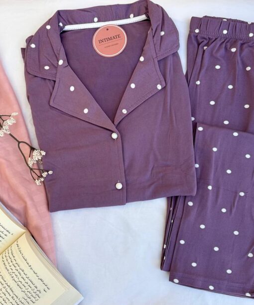 Pyjama Chemise Demi Manches Bambou Violet Pointillé Blanc