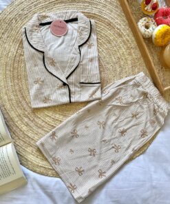 Pyjama Chemise et Short Coton Beige Rayé Papillon