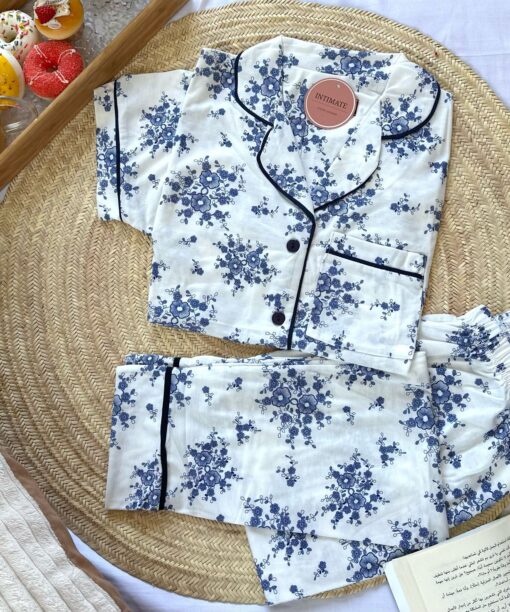 Pyjama Chemise Demi Manches Coton Blanc Imprimé Fleurs Bleues