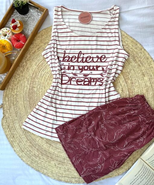 Pyjama Short Coton Rouge Bordeaux "Believe In Your Dreams"