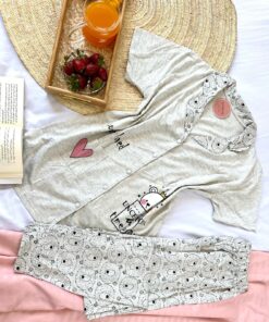 Pyjama Chemise Demi Manches Coton Gris Clair Ourson Blanc