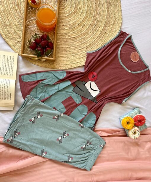 Pyjama Short Coton Rouge Bordeaux & Vert Doux "New"