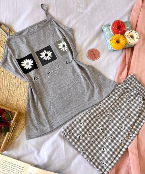 Pyjama Short Coton Gris & Carreaux