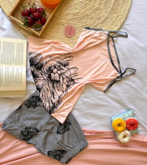 Pyjama Short Coton Rose & Gris – Image 1