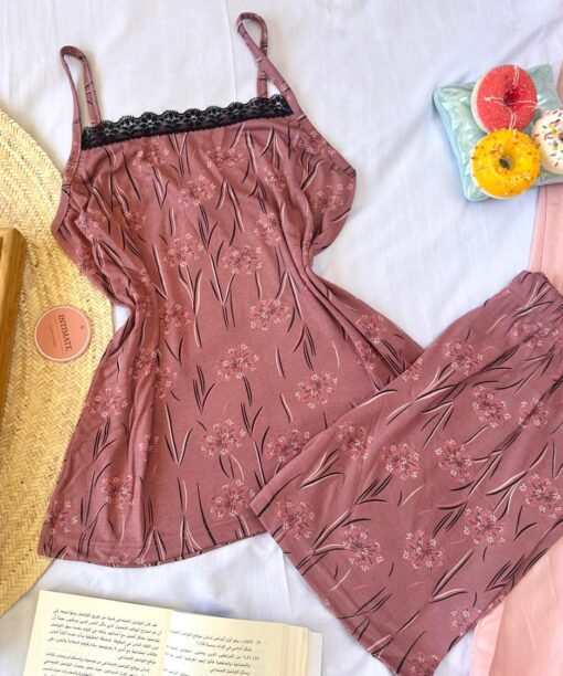 Pyjama Short Coton Rose & Dentelle Noire
