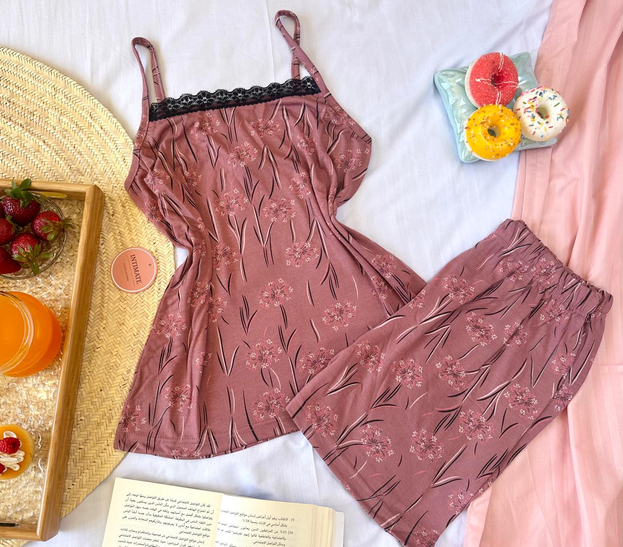 IMG-20250513-WA0059 Pyjama Short Coton Rose & Dentelle Noire – Image 1