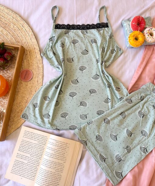 Pyjama Short Coton Vert Doux & Dentelle Noire