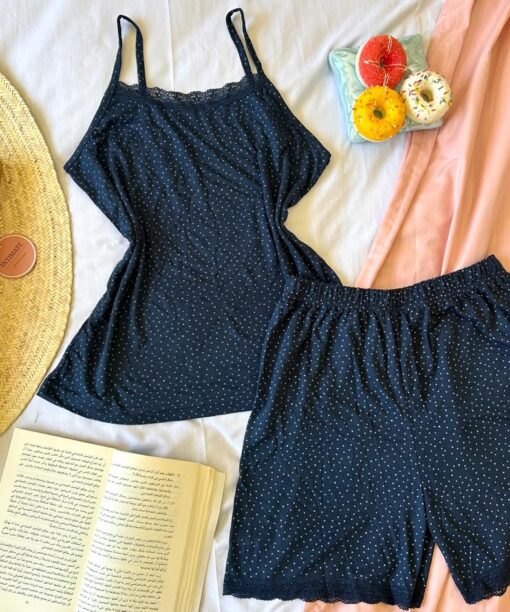 Pyjama Short Coton Bleu Marine Pointillé