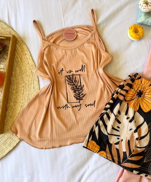 Pyjama Short Coton Beige & Fleuri