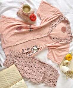 Pyjama Chemise Demi Manches Coton Rose Ourson Blanc