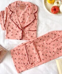 Pyjama Chemise Demi Manches Coton Rose Imprimé en Fleurs