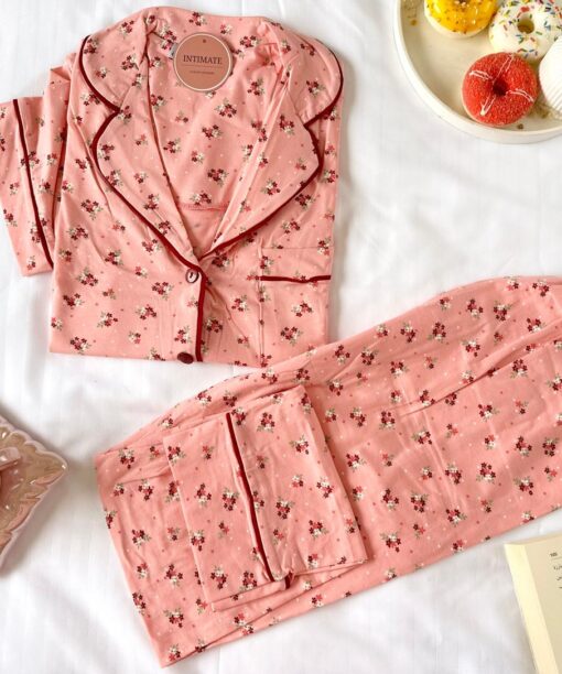 Pyjama Chemise Demi Manches Coton Rose Imprimé en Fleurs