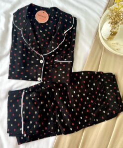 Pyjama Chemise Demi Manches Coton Noir Pointillé