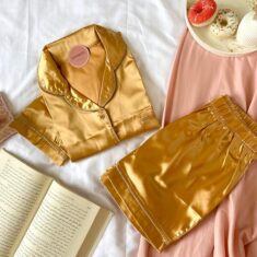 Pyjama Short Satin Demi Manches Jaune Moutarde