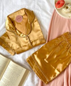 Pyjama Short Satin Demi Manches Jaune Moutarde