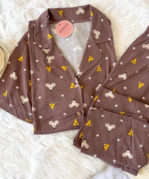 Pyjama Chemise Demi Manches Coton Marron