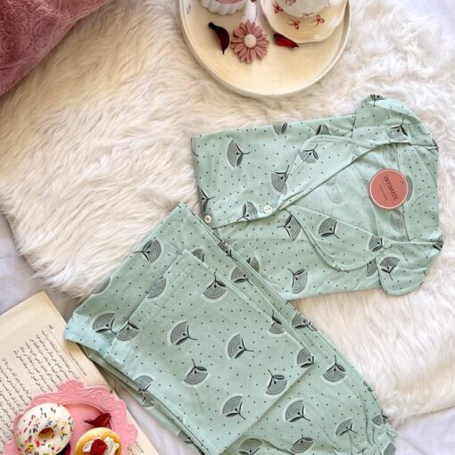 Pyjama Chemise Demi Manches Coton Vert Doux  Pointillé Noir