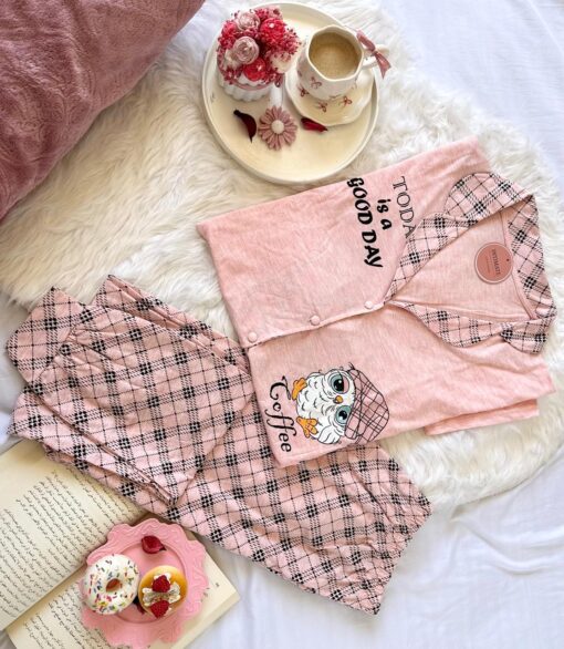 Pyjama Chemise Demi Manches Coton Rose "Today Is a Good Day" – Image 1