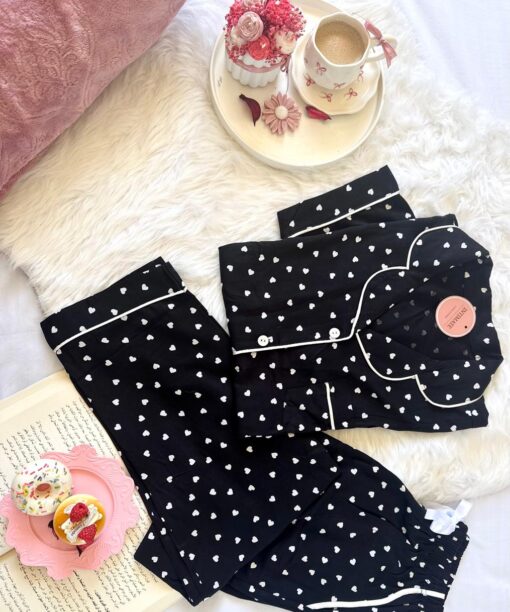 Pyjama Chemise Demi Manches Coton Noir Pointillé Cœurs Blancs