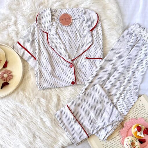 Pyjama Chemise Demi Manches Coton Blanc Pointillé en Noir