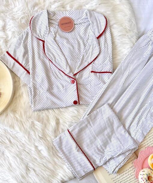 Pyjama Chemise Demi Manches Coton Blanc Pointillé en Noir