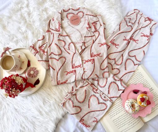 Pyjama Chemise Demi Manches Coton Beige Imprimé Love – Image 1
