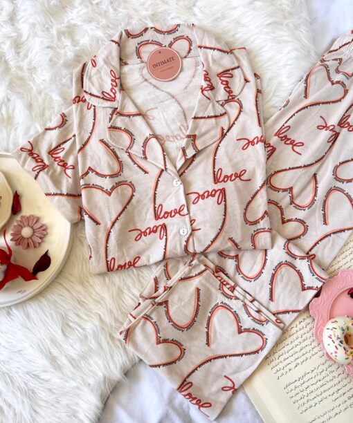 Pyjama Chemise Demi Manches Coton Beige Imprimé Love