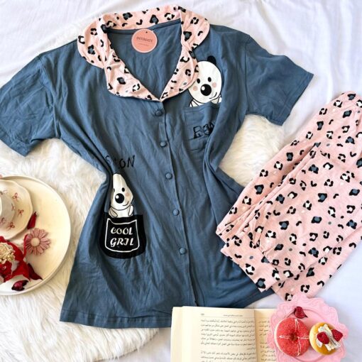 Pyjama Chemise Demi Manches Coton Bleu & Rose Cool Girl