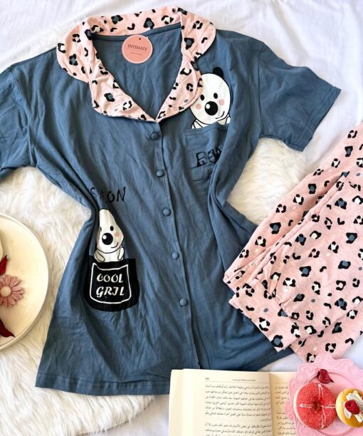 Pyjama Chemise Demi Manches Coton Bleu & Rose Cool Girl