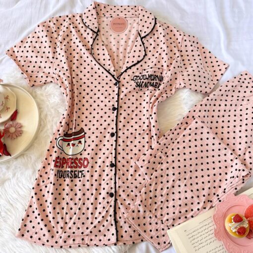 Pyjama Chemise Demi Manches Coton Rose Pointillé Noir