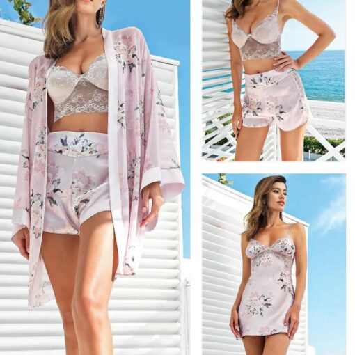 Parure Satin 4 pièces Rose & Fleurie