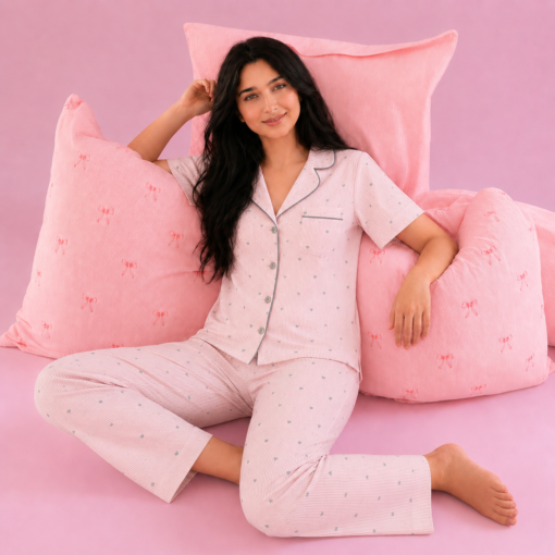 Pyjama Chemise Demi Manches Coton Rose Bébé Imprimé coeurs