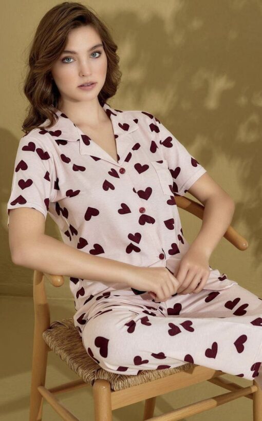 Pyjama Chemise Demi Manches Coton Rose Imprimé Cœurs – Image 2