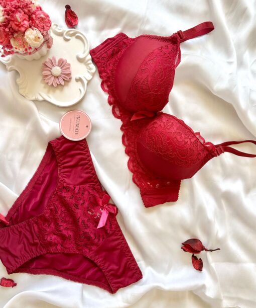 Soutien De Gorge Push UP et Culotte en Rouge Bordeaux