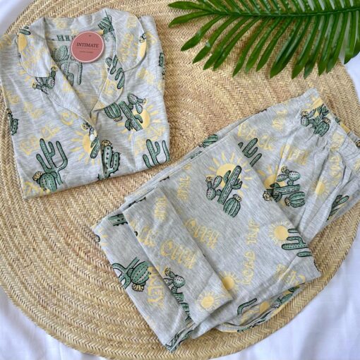 Pyjama Chemise Demi Manches Coton Gris Imprimé Cactus