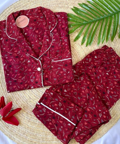 Pyjama Chemise Demi Manches Coton Rouge Bordeaux Imprimé Fleurie
