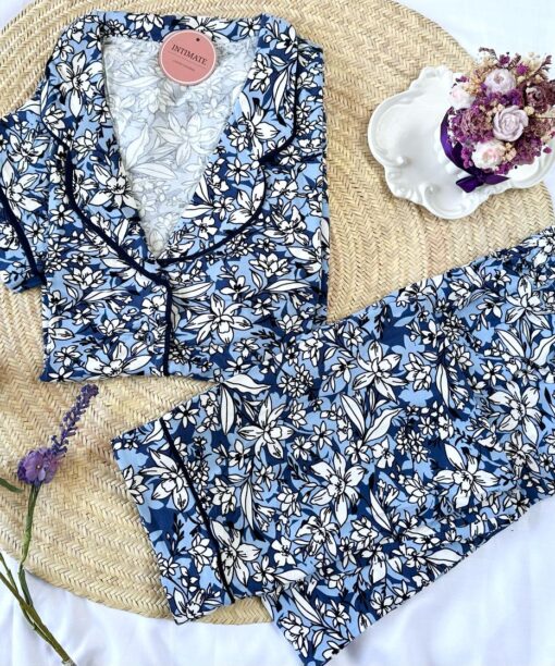 Pyjama Chemise Demi Manches Coton Bleu Imprimé Fleurie