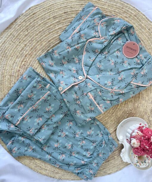 Pyjama Chemise Demi Manches Coton Vert Doux Imprimé Fleurie