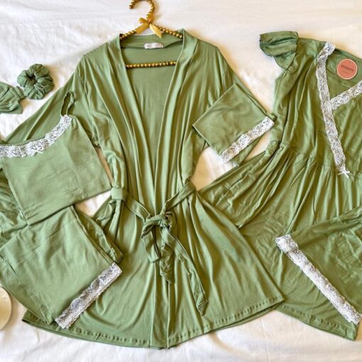 Parure Coton Viscose Vert Pastel 5 pièces & 2 Accessoires