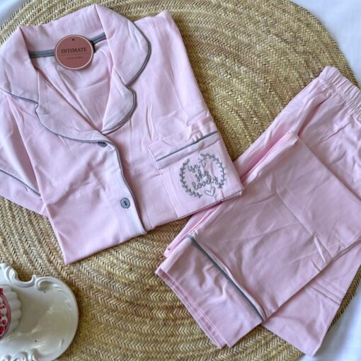 Pyjama Chemise Demi Manches Coton Rose Bébé & Gris