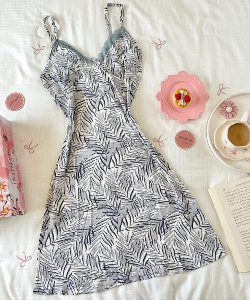 Pyjama Robe Bretelles en Coton Viscose Gris Imprimé