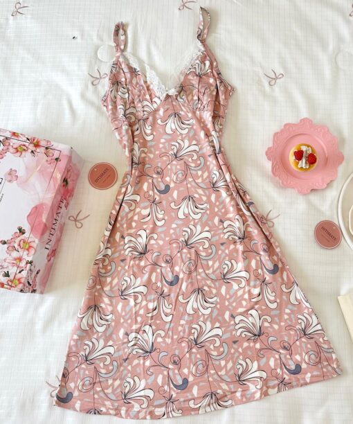 Pyjama Robe Bretelles en Coton Viscose Rose Fleuri