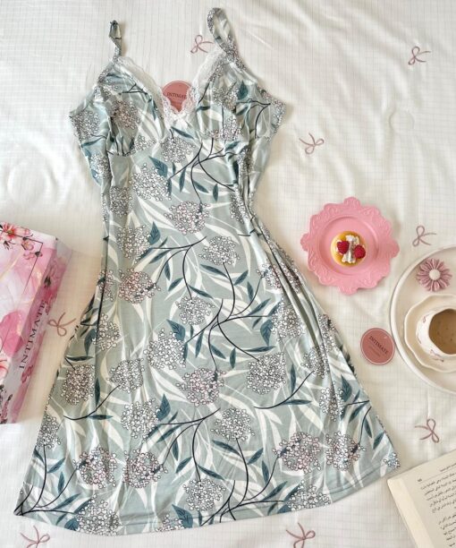 Pyjama Robe Bretelles en Coton Viscose Gris Fleuri