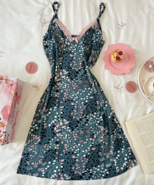 Pyjama Robe Bretelles en Coton Viscose Vert Bouteille